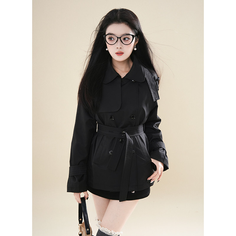 纯欲风复古双排扣风衣女春秋新款小个子高级感黑色收腰短款外套,女装/女士精品,风衣,淘宝优惠券,粉丝福利购,淘宝优惠卷