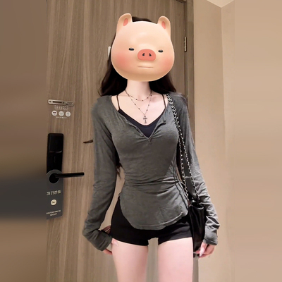 灰色气质辣妹纯欲紧身修身收腰显瘦T恤女2025新款独特绝美小上衣