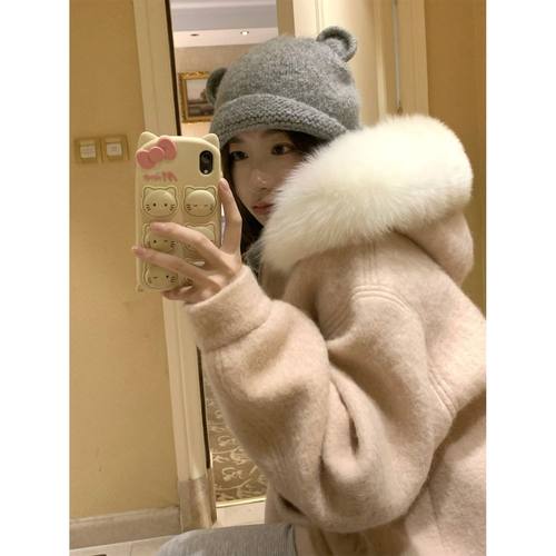 奶呼呼大毛领毛呢拉链连帽外套2024秋冬新款甜美加厚保暖呢子大衣