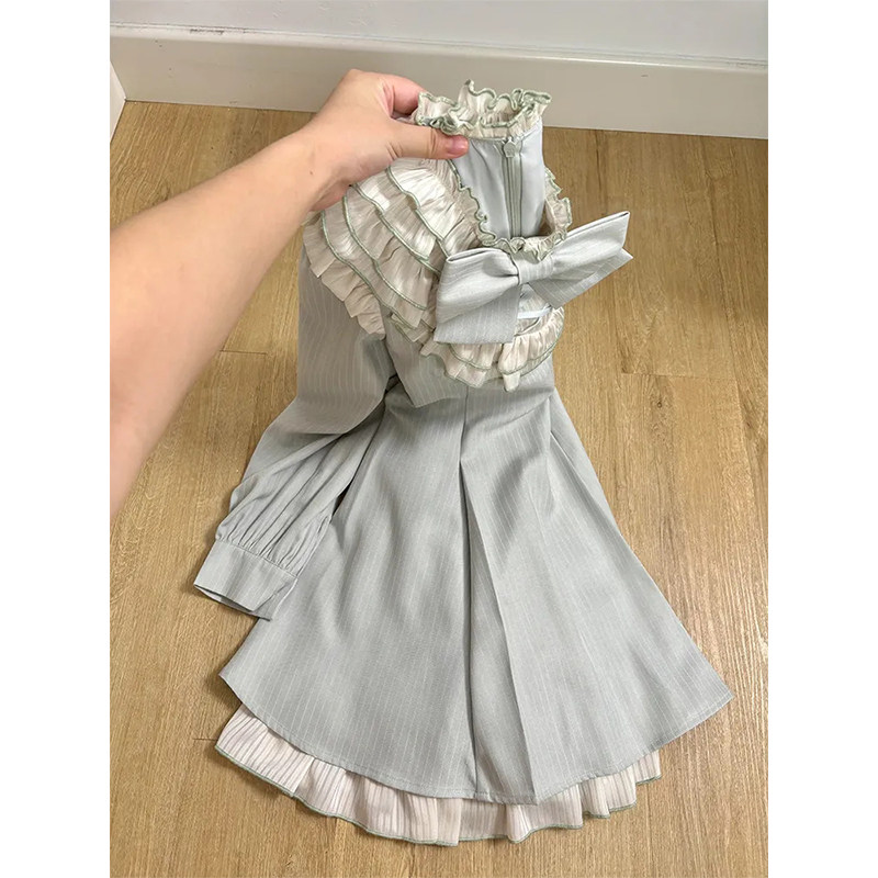 日系清楚系大小姐蝴蝶结花边收腰连衣裙秋季新款设计感收腰短裙子