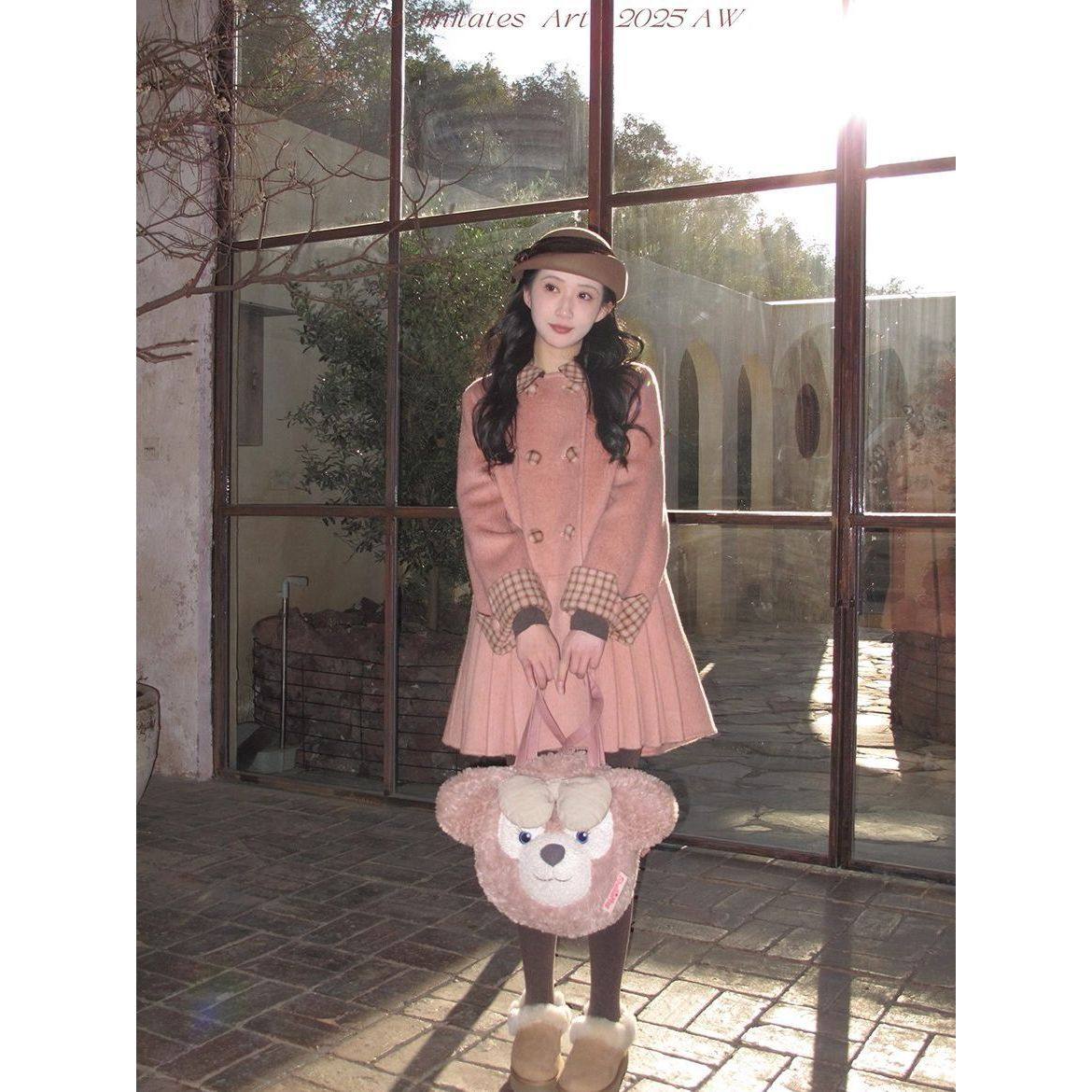 气质复古格纹拼接短款双色毛呢大衣女2025秋冬新款通勤显瘦厚外套