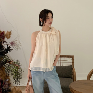 诠释美 25夏甜美减龄小衫 设计感飘带挂脖无袖 上衣女S5831 NEWOPEN