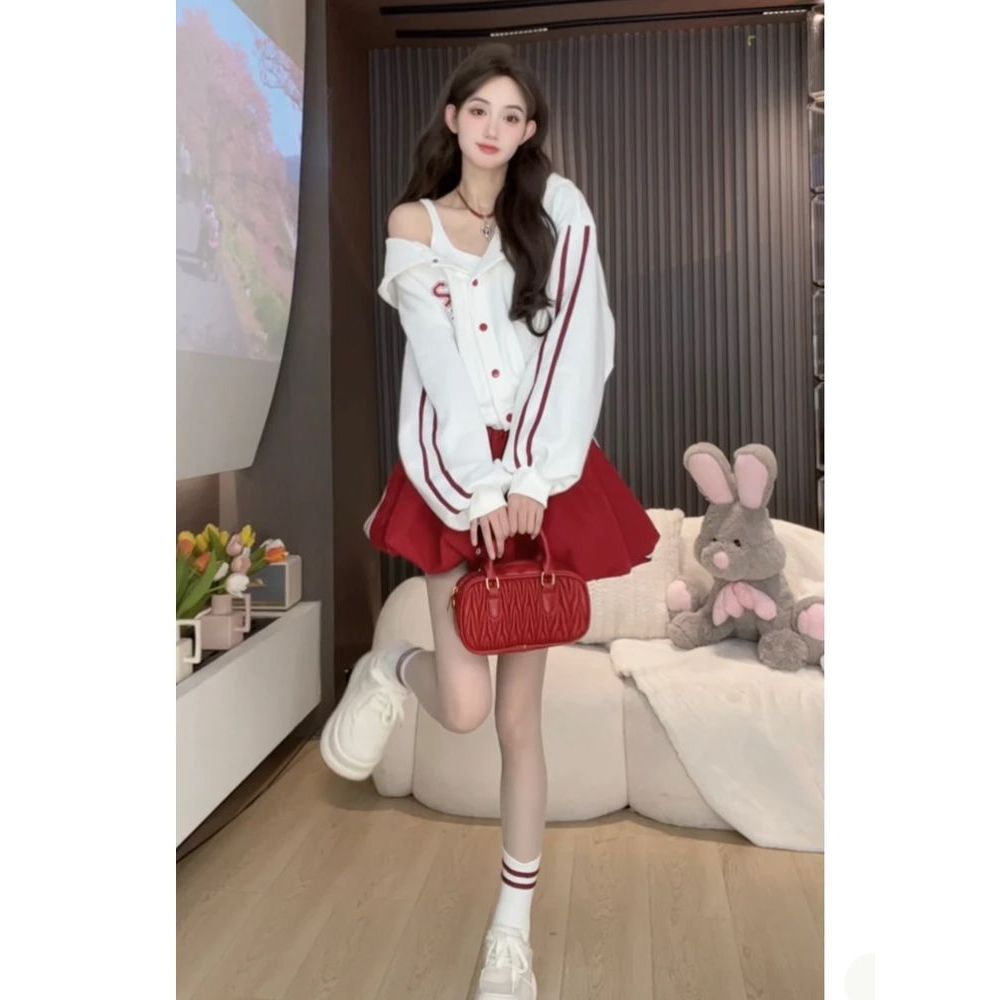 【真两件套撞色卫衣套装裙】春季新款连帽外套暗红色半裙两件2025