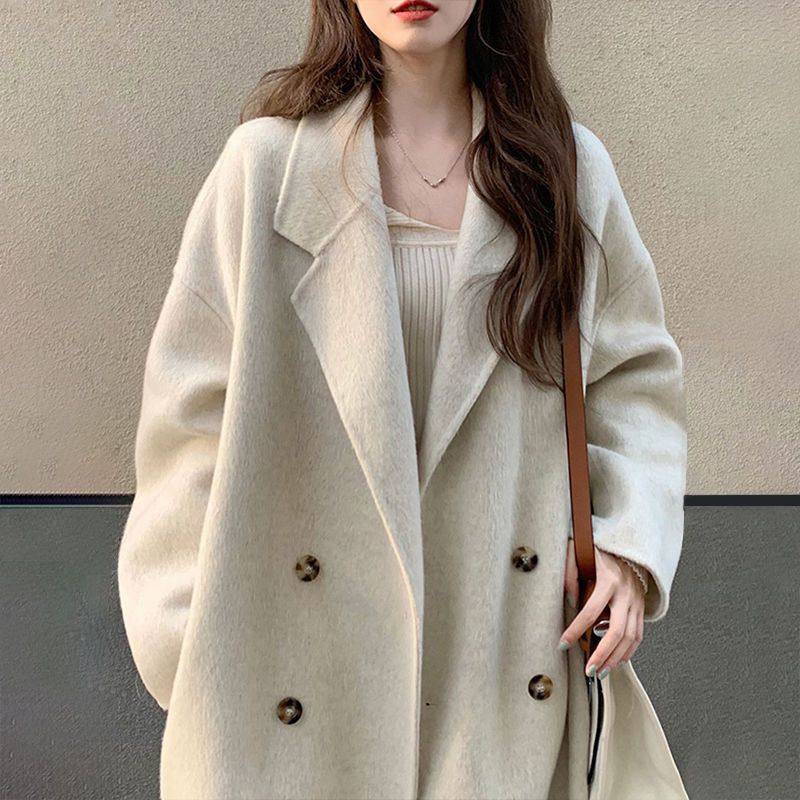 大衣女中长款小个子高级感气质韩系温柔韩版毛呢外套秋冬双排扣