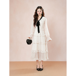 波尔卡序曲 秋季法式收腰波点蛋糕长款连衣裙爆款气质长袖v领长裙