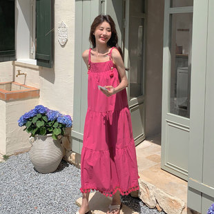 宽松甜美度假风连衣裙 玫粉色流苏吊带裙女中长款 2025夏季 新款 韩版