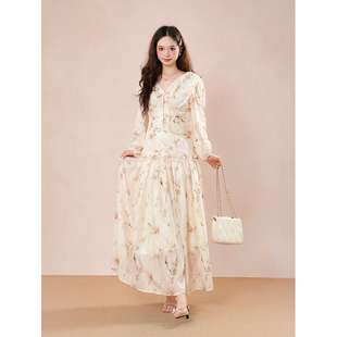 晚风秋日  法式优雅印花长袖连衣裙女早秋新款收腰显瘦气质长裙