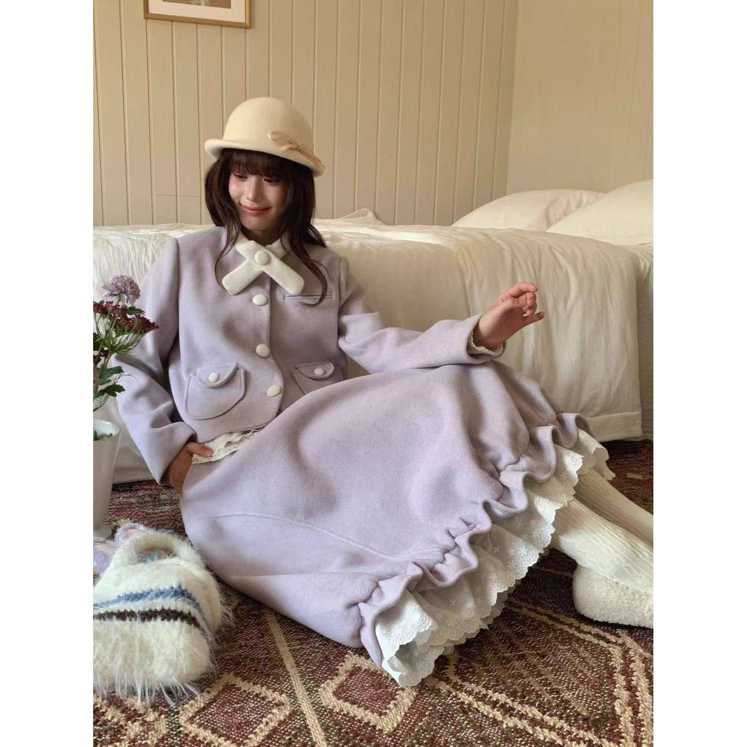 法式复古画报风香芋紫毛呢外套+半裙套装女2025秋冬新款显瘦穿搭,女装/女士精品,时尚套装,淘宝优惠券,粉丝福利购,淘宝优惠卷