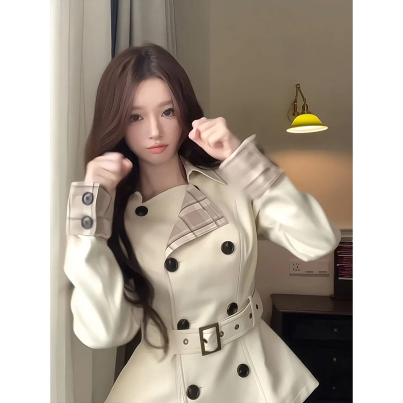 秋冬新款法式千金感气质拼接格纹双排扣收腰风衣外套+半身裙套装