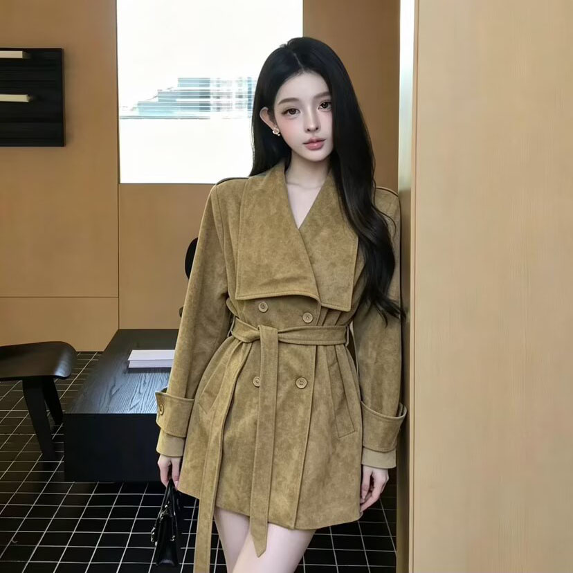 美姿2026秋季新款女时尚气质修身显瘦大翻领麂皮绒短款风衣外套潮