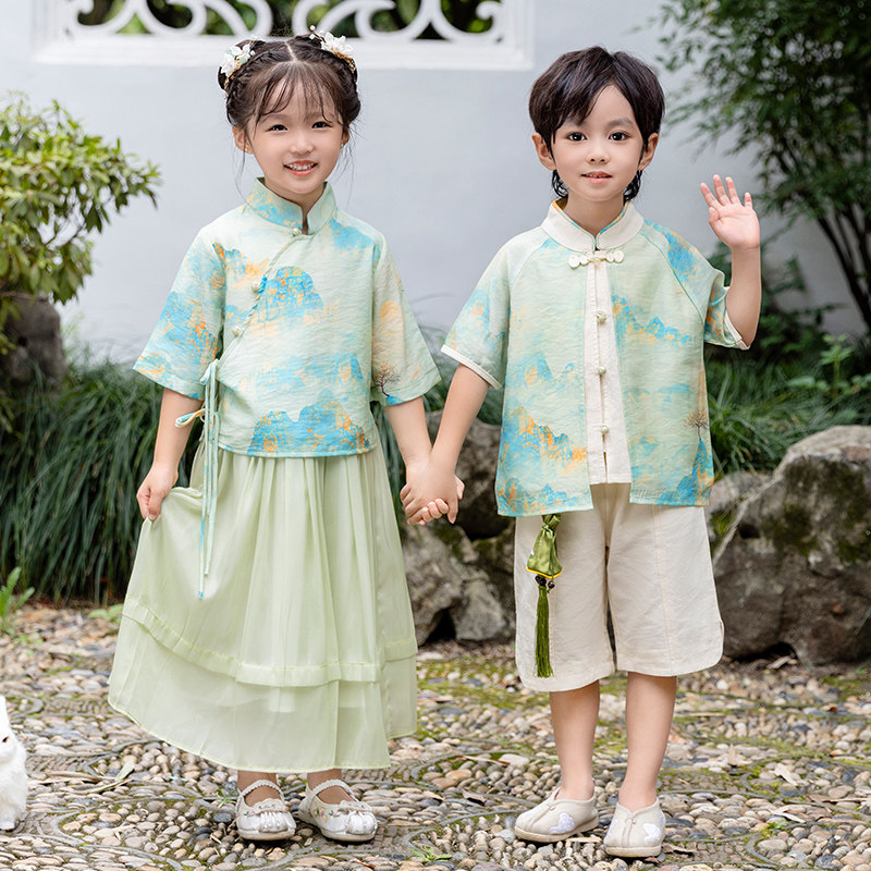 汉服套装中小学生改良中式夏装班服六一表演服儿6童中秋古风唐装8