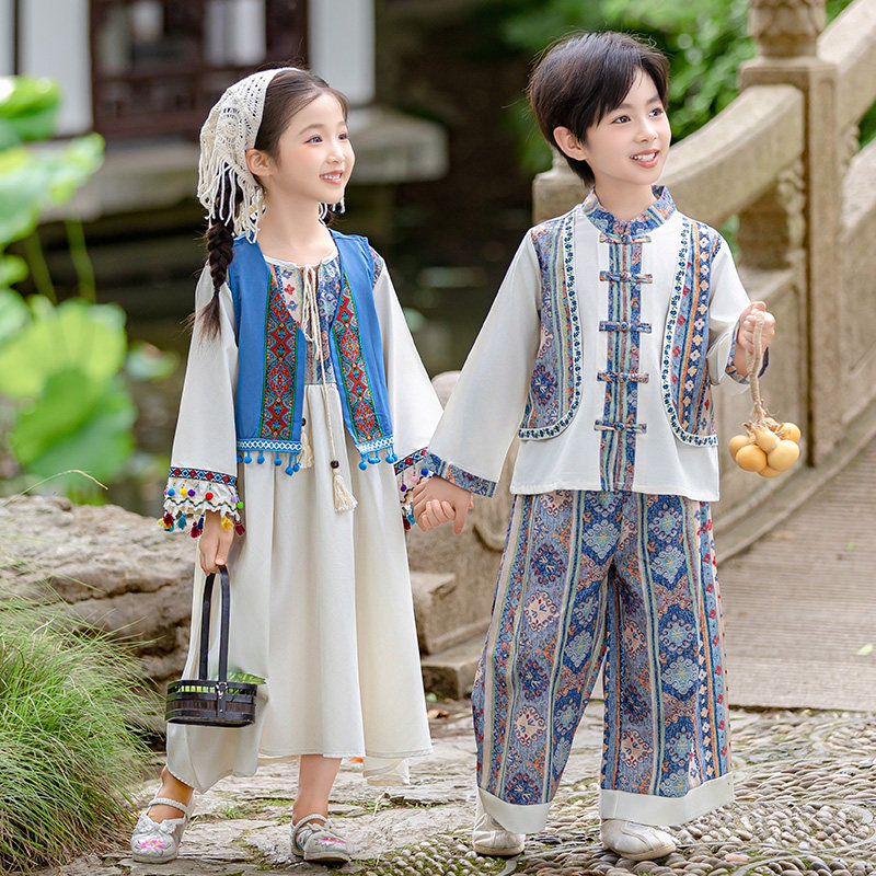 中秋节儿童演出服幼儿园中国风女童唐装男童马甲套装春秋表演服装