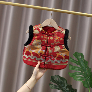 儿童拜年服冬装男童喜庆新年唐装宝宝洋气冬季加绒加厚抓周服马甲