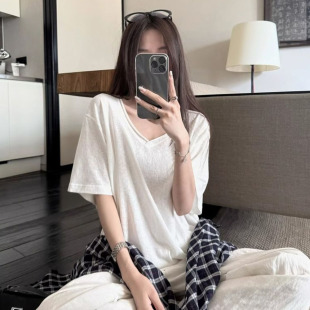 慵懒风宽松上衣潮 美式 辣妹风白色松弛感卷边V领短袖 t恤女夏季 新款