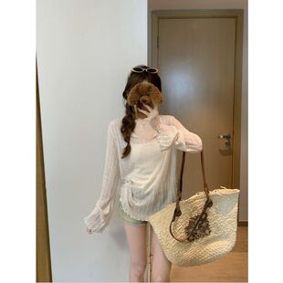 慵懒外搭防晒罩衫 韩系甜美木耳边长袖 薄款 微透女秋季 显瘦上衣 新款