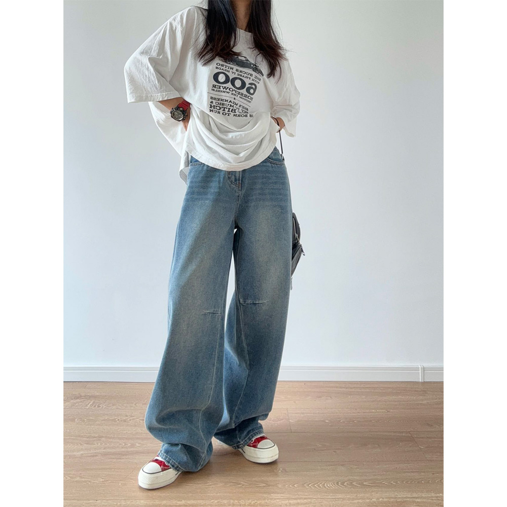 显瘦遮跨时尚分割压褶宽松复古牛仔裤休闲松弛感显腿长拖地长裤