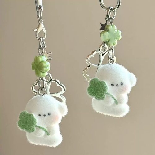 不想洗澡手作幸运四叶草植绒小狗狗串珠手机链挂绳少女心可爱挂件