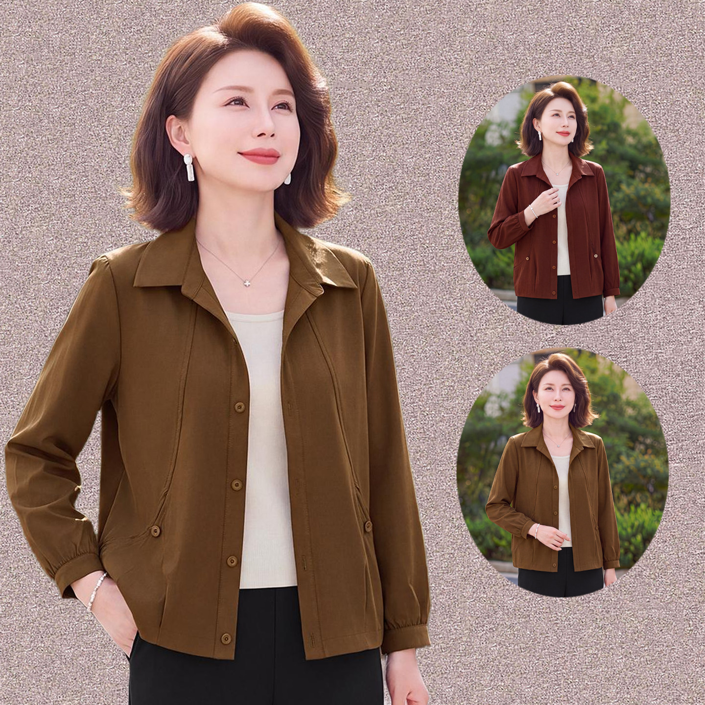 妈妈春秋薄款翻领长袖短外套中老年女装大码宽松时尚洋气上衣外套