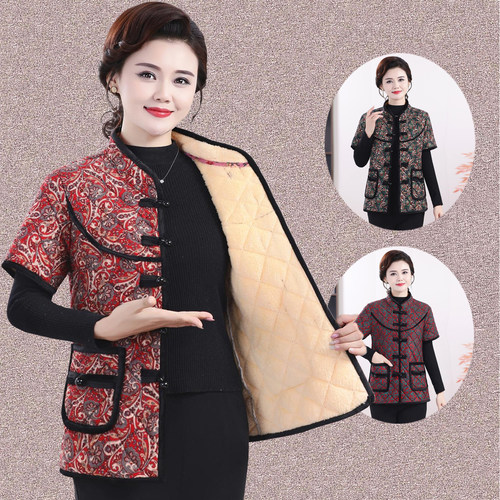 妈妈冬装复古加绒盘扣短袖棉衣马甲中老年女装防寒保暖棉服棉马夹