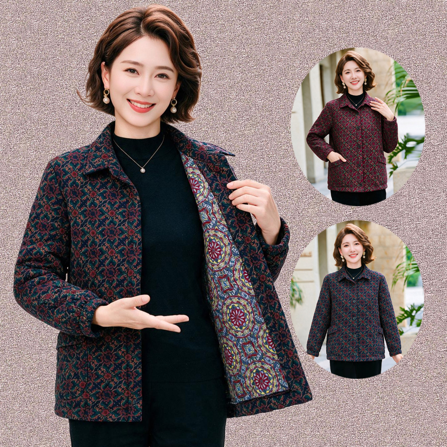 妈妈装冬季纯棉加棉保暖棉衣中老年女装大码宽松全棉防寒翻领棉服
