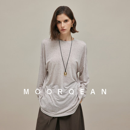 MOOR QEAN/摩乔 轻奢极简慵懒风亚麻上衣女圆领长袖松弛感阔版T恤