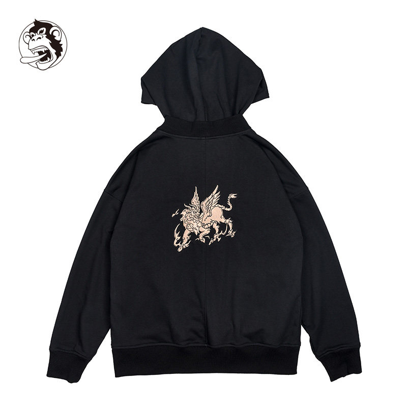 wookong悟空春季新款白泽黑色纯棉刺绣套头卫衣男士连帽衫外套潮