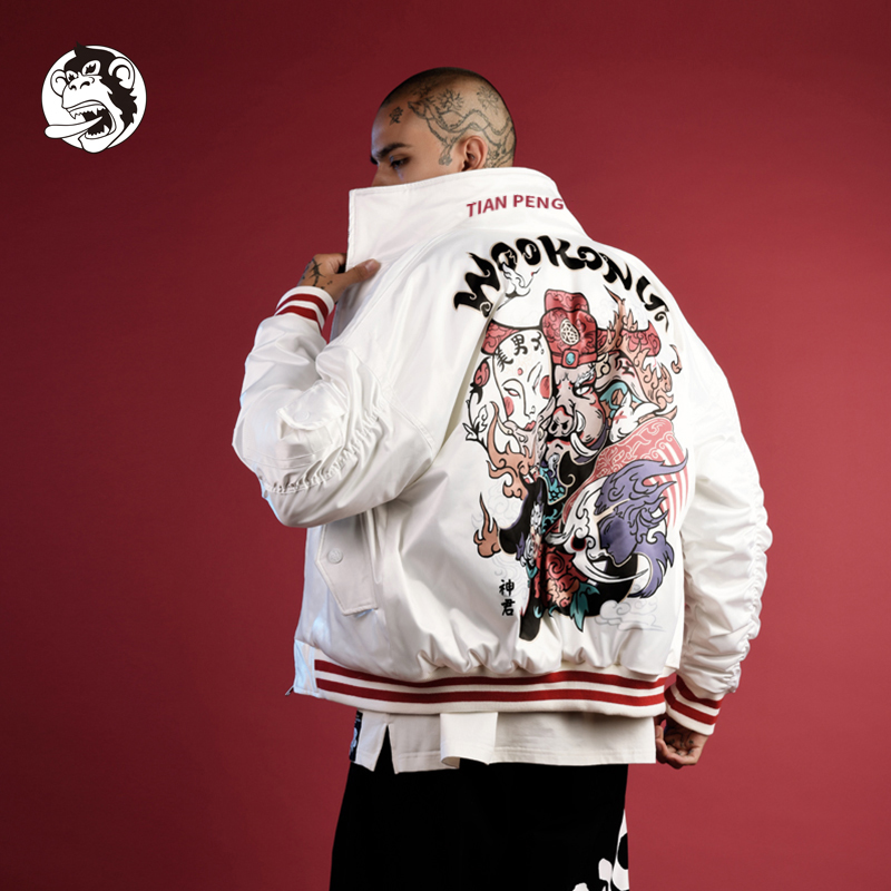 WOOKONG 悟空 天蓬元帅白色飞行夹克棉服 男士春季保暖外套国潮
