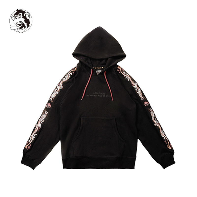 wookong悟空春季新品哪吒系列双龙黑色刺绣棉质套头卫衣男外套潮