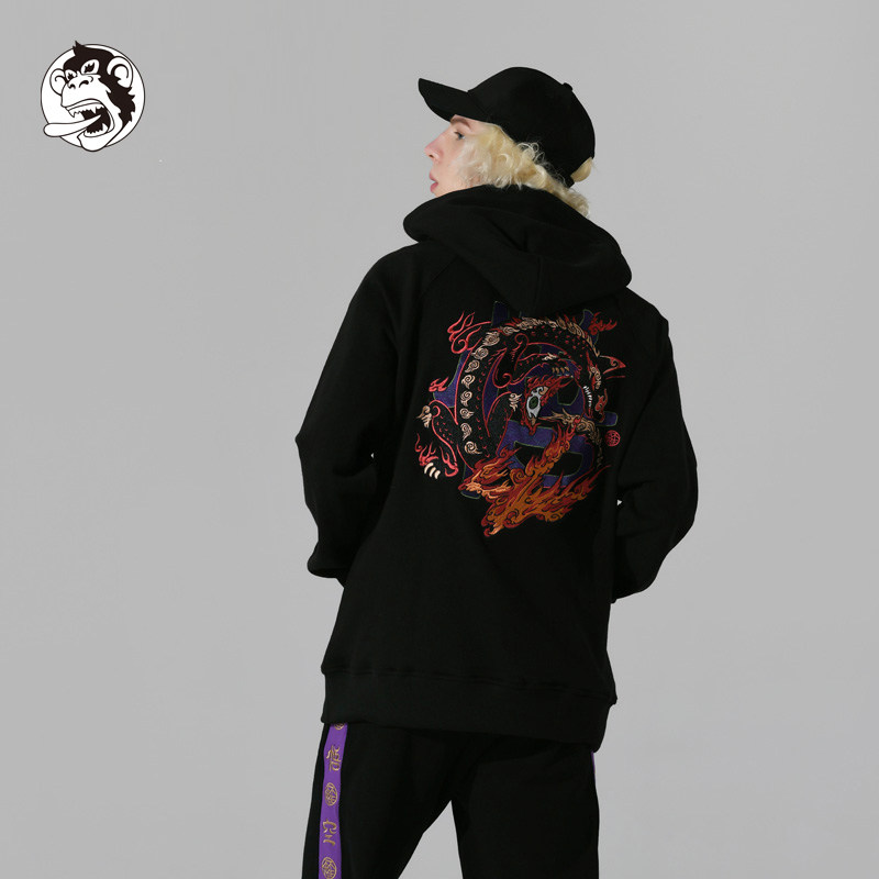 wookong悟空春季新品哮天犬黑色刺绣连帽卫衣全棉男士外套原创潮