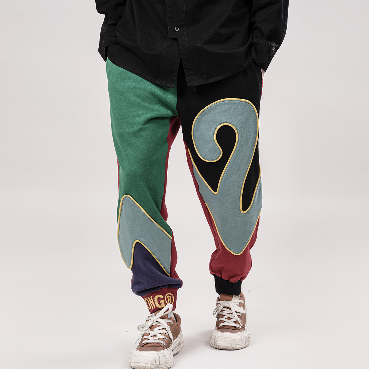 WOOKONG 72变 春季红绿拼接全棉束脚工装裤 男士休闲运动裤子 - wookong服饰旗舰店出品