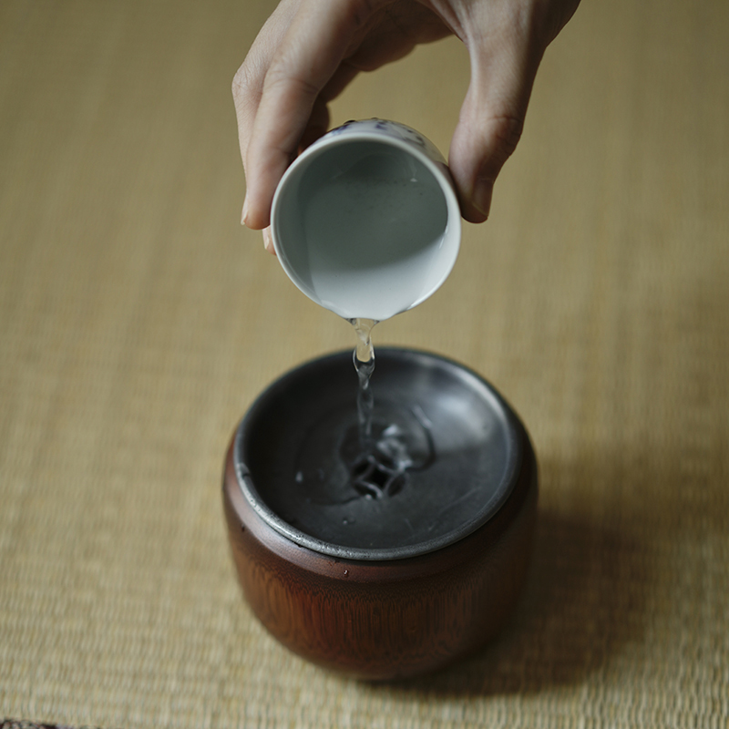 老楠竹建水 锡盖茶渣筒水盂茶缸茶室手工陶瓷茶道茶具