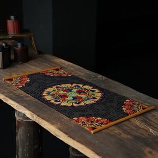 宝相花双面竹丝茶旗中式客厅卷轴挂画茶室餐厅桌旗装饰茶席