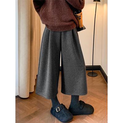 黑灰色七分毛呢阔腿裤女