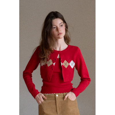 EGGKA红色气质短款菱格开衫+背心针织衫两件套女秋冬复古圣诞上衣