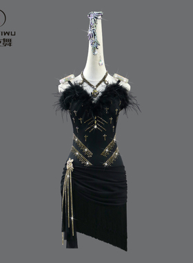 2025新款黑色拉丁舞比赛服装专业羽毛舞蹈花服艺考级solo黑池演出