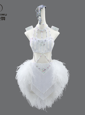 2025新款专业羽毛拉丁舞裙高级舞蹈比赛演出规定黑池花服成人儿童