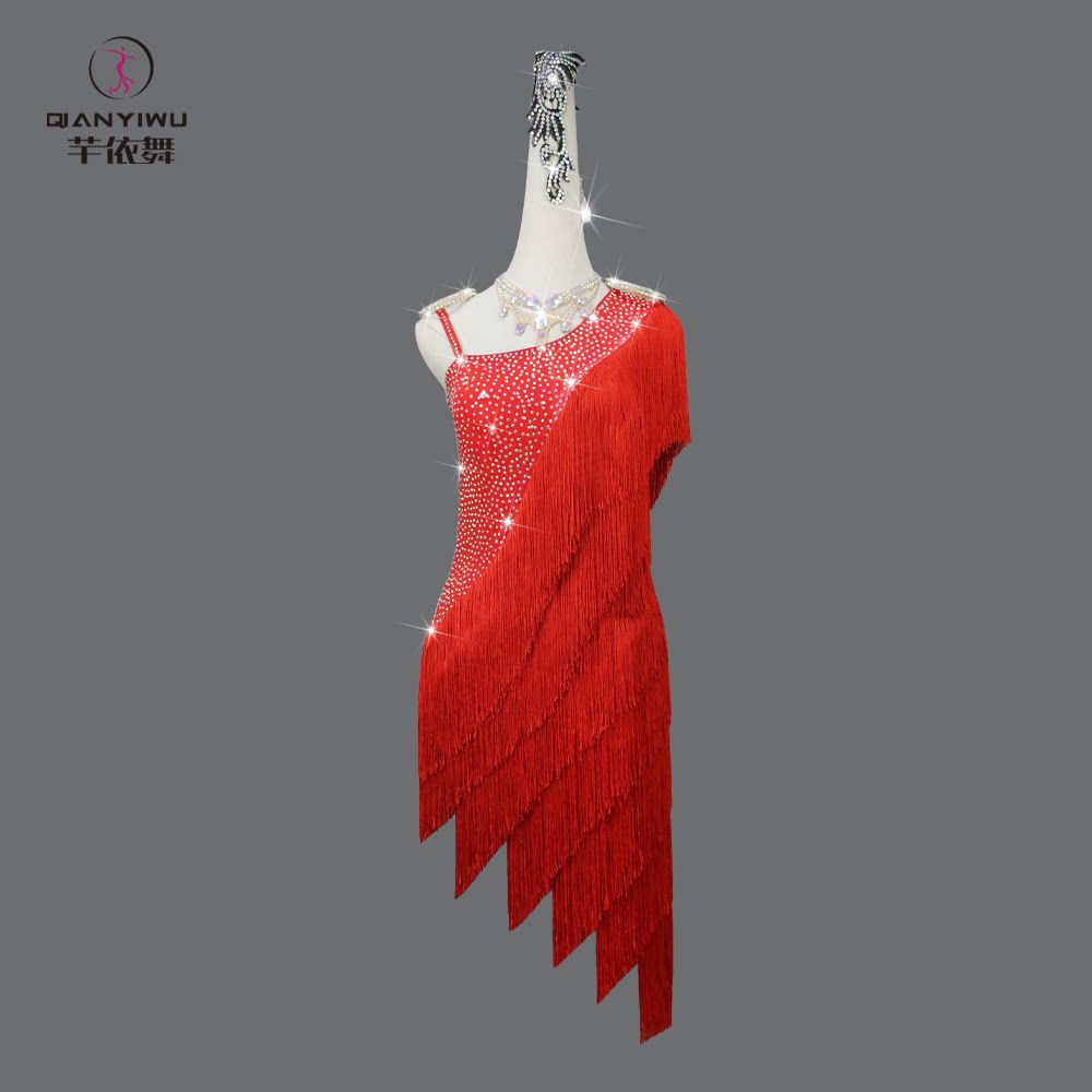 2026新款红色专业拉丁舞流苏连衣裙成人比赛花服舞裙艺考solo儿童