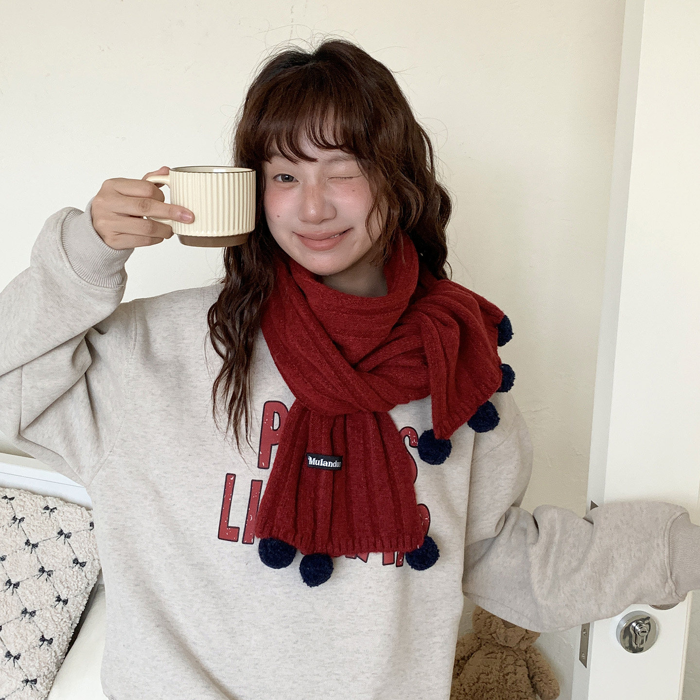 韩版纯色坑条针织毛球流苏围巾女秋冬日系甜美保暖可爱氛围感围脖