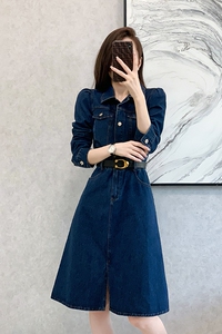 RM20868#牛仔连衣裙高腰复古收腰显瘦大摆A字中长裙春