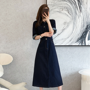 RM20869#牛仔连衣裙高腰显瘦复古宽松A字大摆中长袖中长款