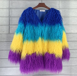 欧美跨界皮草仿滩羊毛中长款V领宝石天蓝黄紫撞色毛毛羊羔毛外套