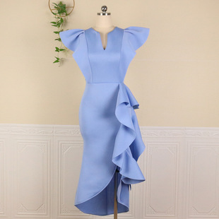 大码肥胖美美连衣裙设计感荷叶边短袖高腰显瘦不规则下摆裙