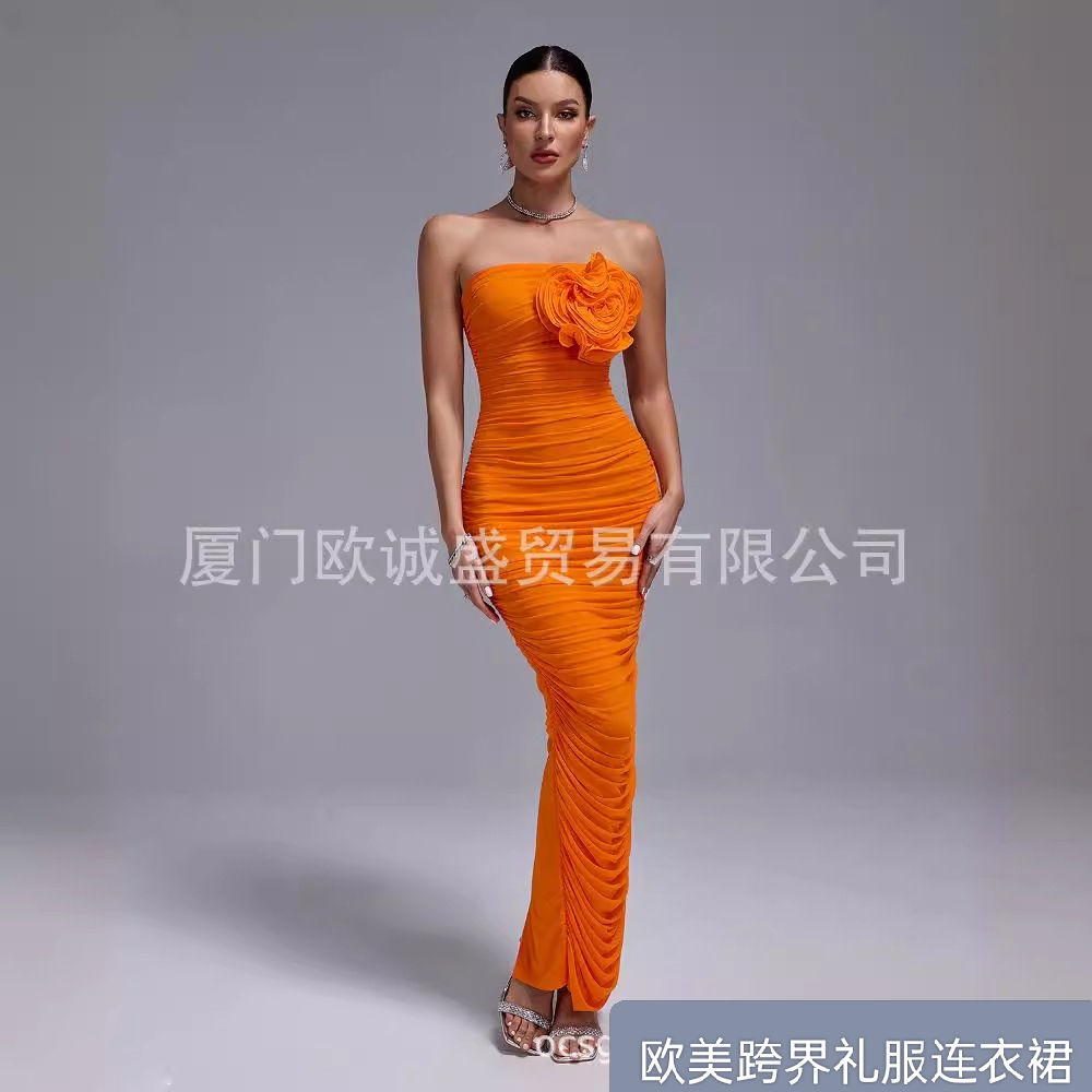 性感辣妹抹胸包臀立体花朵中长款连衣裙女Slim mid-length dress