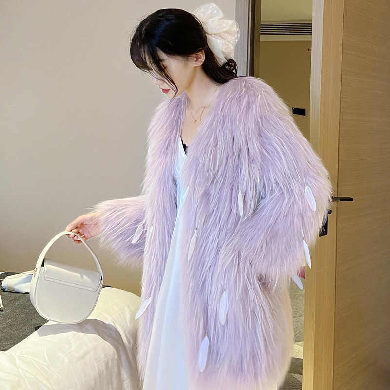 跨界新款皮草外套女冬季高档仿狐狸毛中长款羽毛流苏貉子毛毛大衣