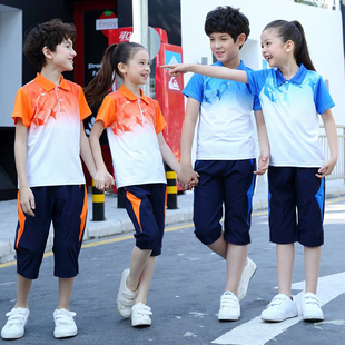 儿童运动T恤短袖 透气速干渐变色小学生校服男女初中生班服蓝 夏季