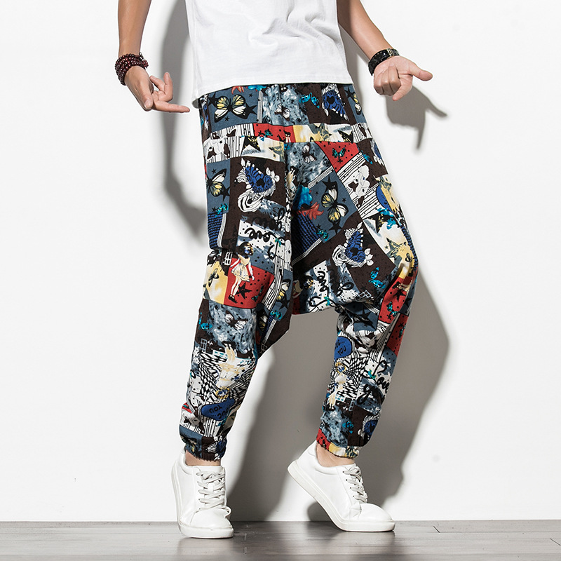 风印花束脚长裤子男九分裤棉麻休闲嘻哈宽松哈伦裤K29P40，男装休闲裤，星座1217