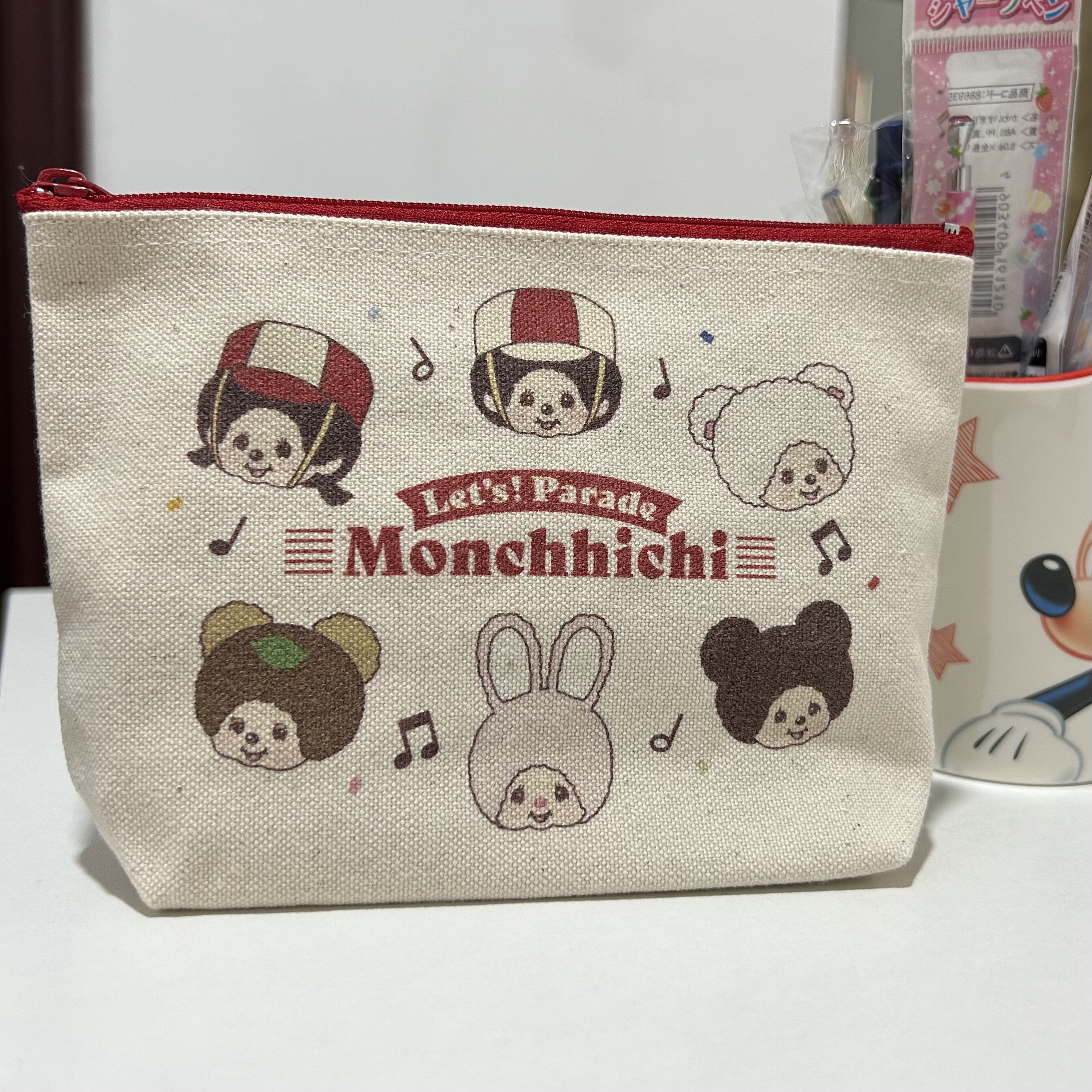 日本制蒙奇奇Monchhichi50周年限定帆布笔袋 杂物袋可立放