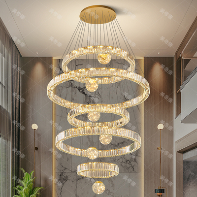 复式楼挑空客厅大吊灯满天星水晶灯轻奢大气别墅挑高旋转楼梯吊灯