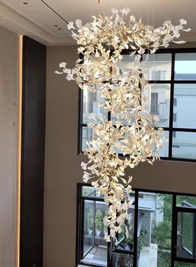 复式楼大吊灯loft楼梯灯轻奢别墅挑空跃层客厅大堂售楼部银杏叶灯