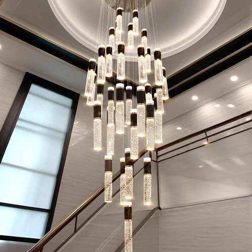黑金轻奢复式楼大吊灯水晶旋转lo